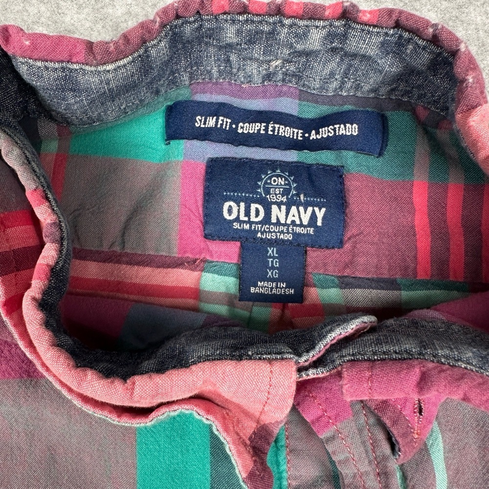 Old Navy Shirt Mens XL Pink Plaid Slim Fit Button Down Long Sleeve Casual - Picture 3 of 8